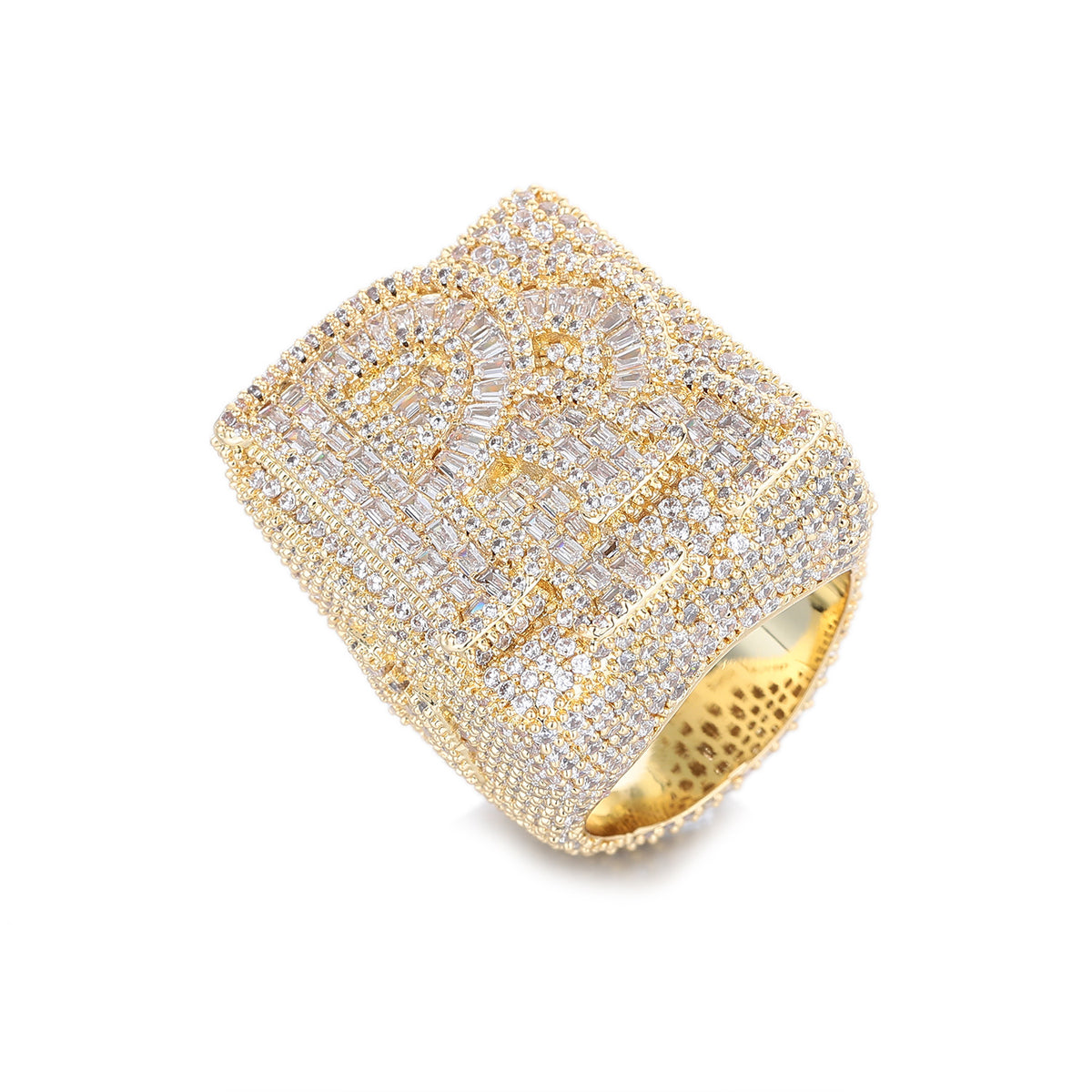Iced Out R Letter Square Ring, Hip Hop Unisex Statement Ring, Gold and White Gold Tone product image