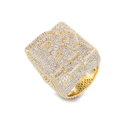 Iced Out R Letter Square Ring, Hip Hop Unisex Statement Ring, Gold and White Gold Tone