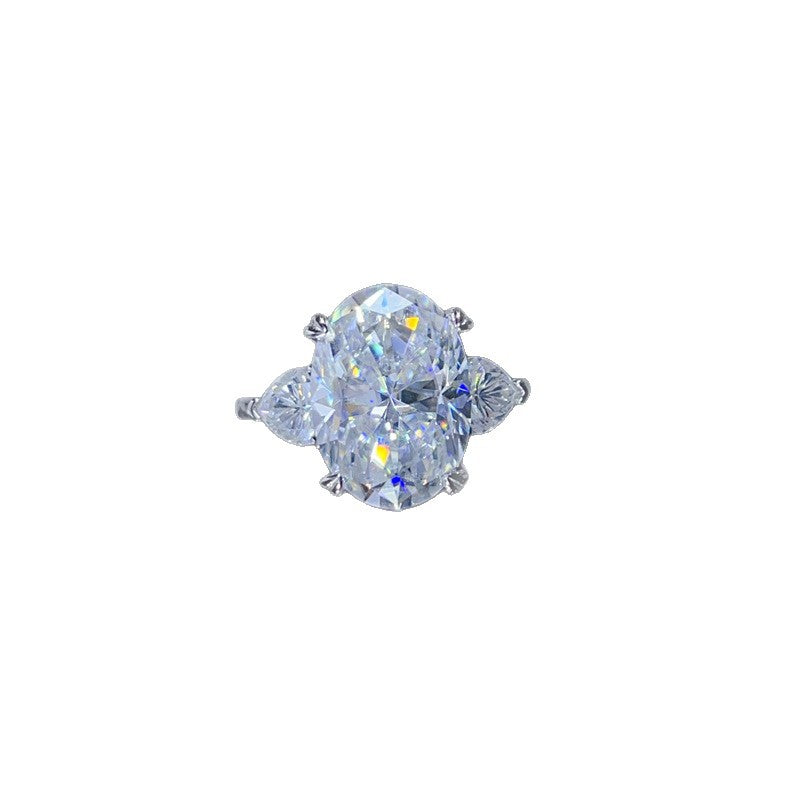 Oval Moissanite Ring for Women, 3-Stone Halo Style Engagement Ring, Geometric Statement Ring product image