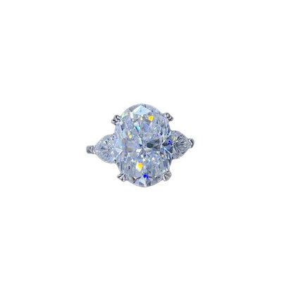 Oval Moissanite Ring for Women, 3-Stone Halo Style Engagement Ring, Geometric Statement Ring