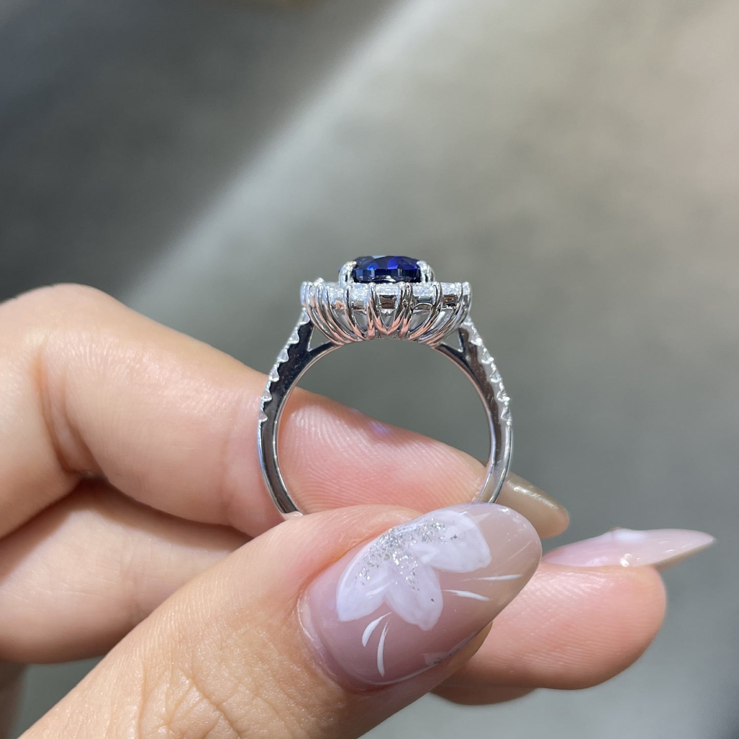 Oval Lab-Grown Sapphire Halo Ring, Blue Statement Ring, S925 Style product image