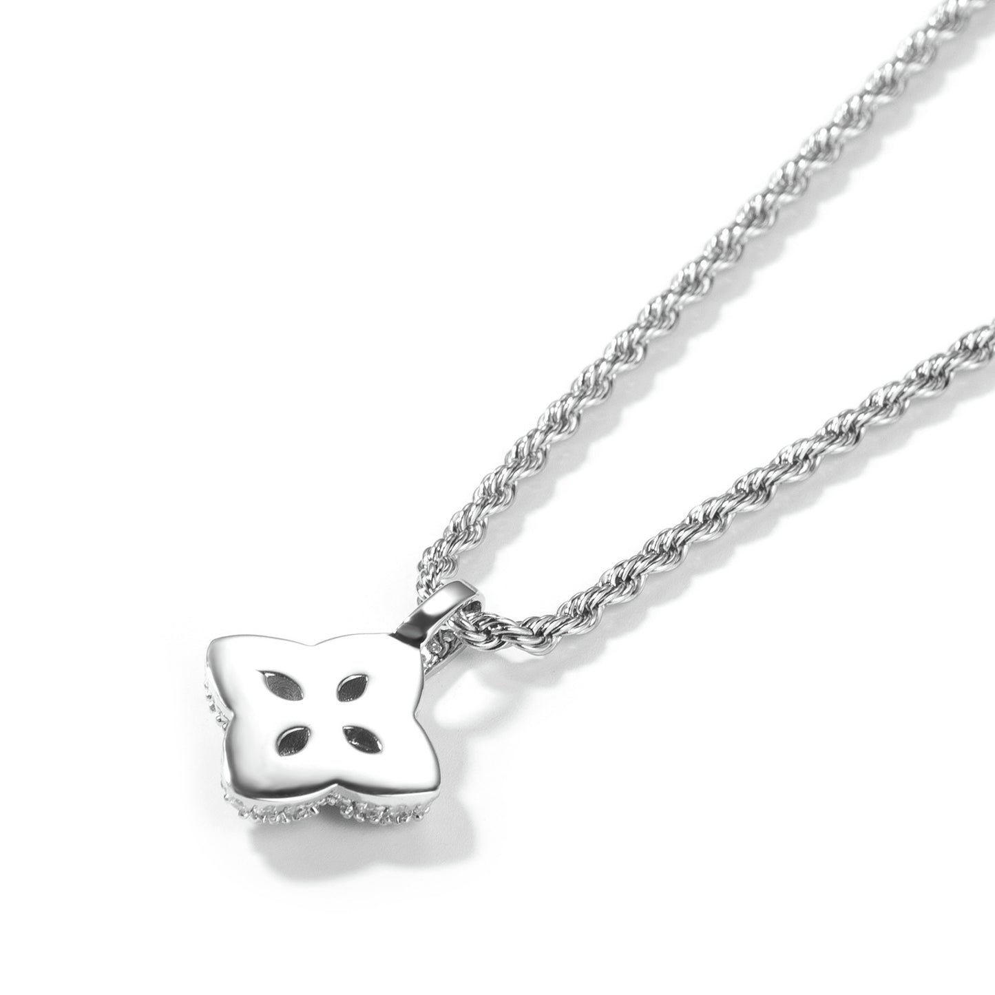 Silver Plated Flower Pendant Necklace with Cubic Zirconia on 24 Inch Twist Chain for Women