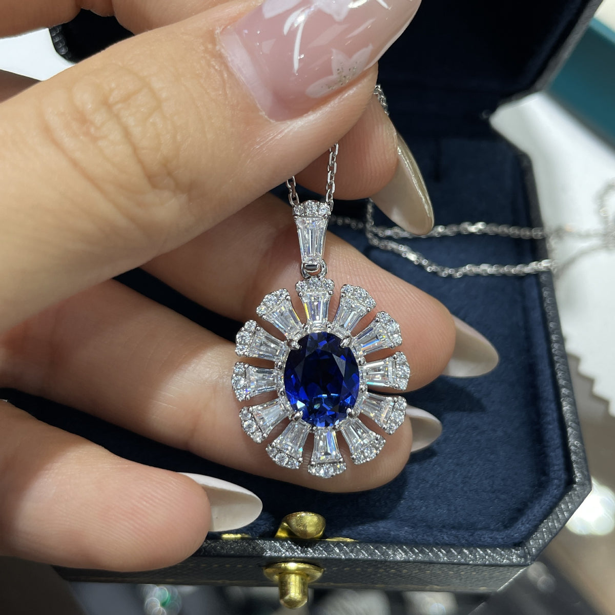 3-Carat Lab-Grown Sapphire Floral Pendant Necklace Set with Earrings & Ring product image