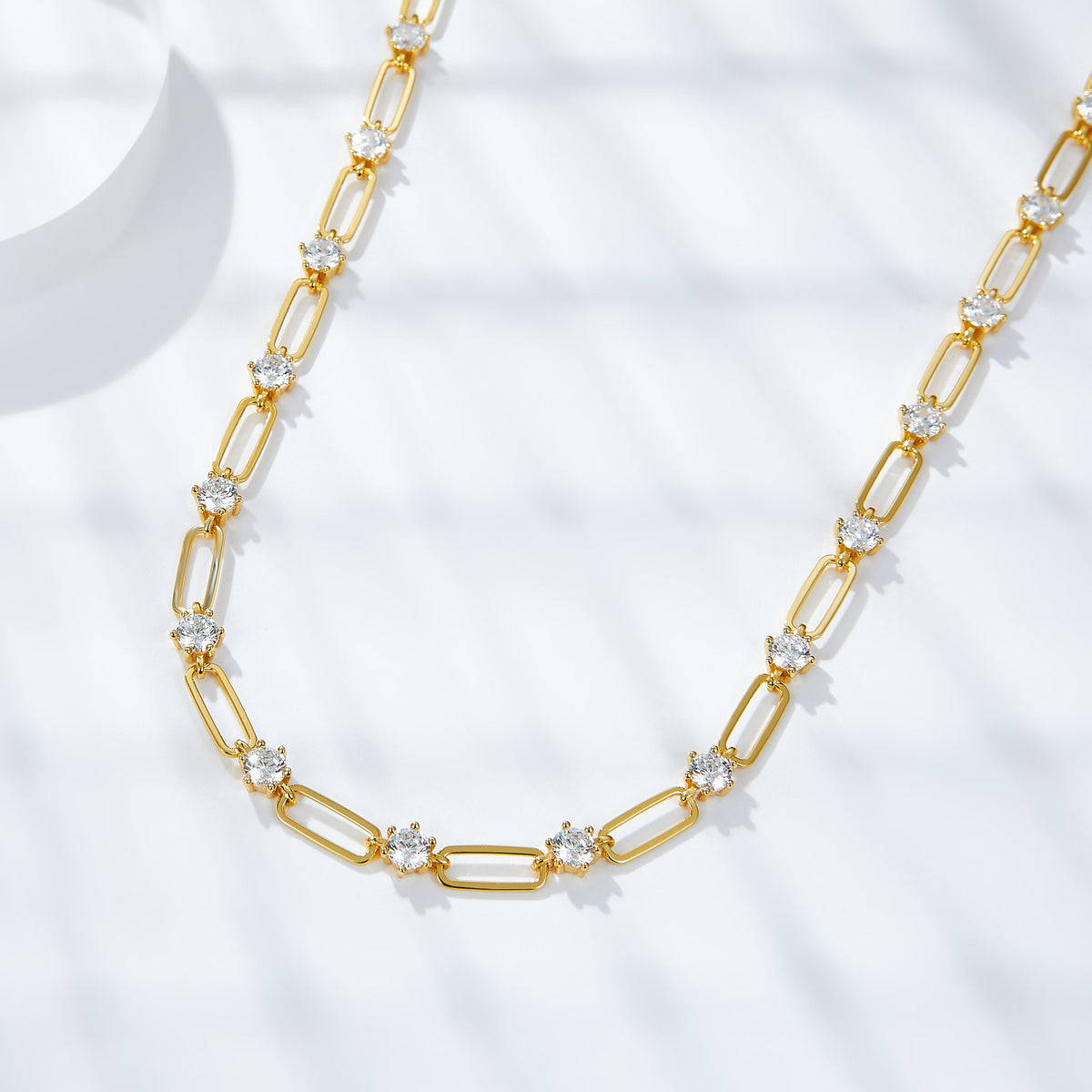 18K Gold Paperclip Link Moissanite Necklace, Round Stone Station Chain product image