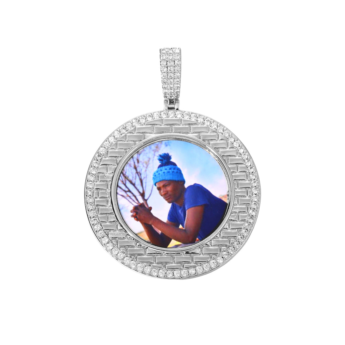 Iced Out Round Photo Pendant Necklace with Rope Chain for Men and Women product image