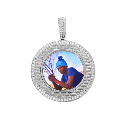 Iced Out Round Photo Pendant Necklace with Rope Chain for Men and Women