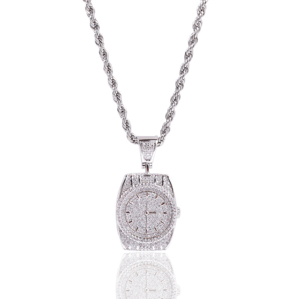 Iced Watch Pendant Necklace for Men & Women – Cubic Zirconia Square Statement Chain in Gold or Silver Tone