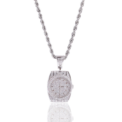 Iced Watch Pendant Necklace for Men & Women – Cubic Zirconia Square Statement Chain in Gold or Silver Tone