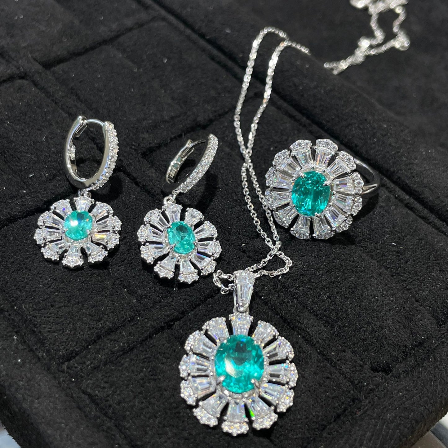 Teal Flower Jewelry Set, Matching Earrings, Ring and Pendant Necklace product image