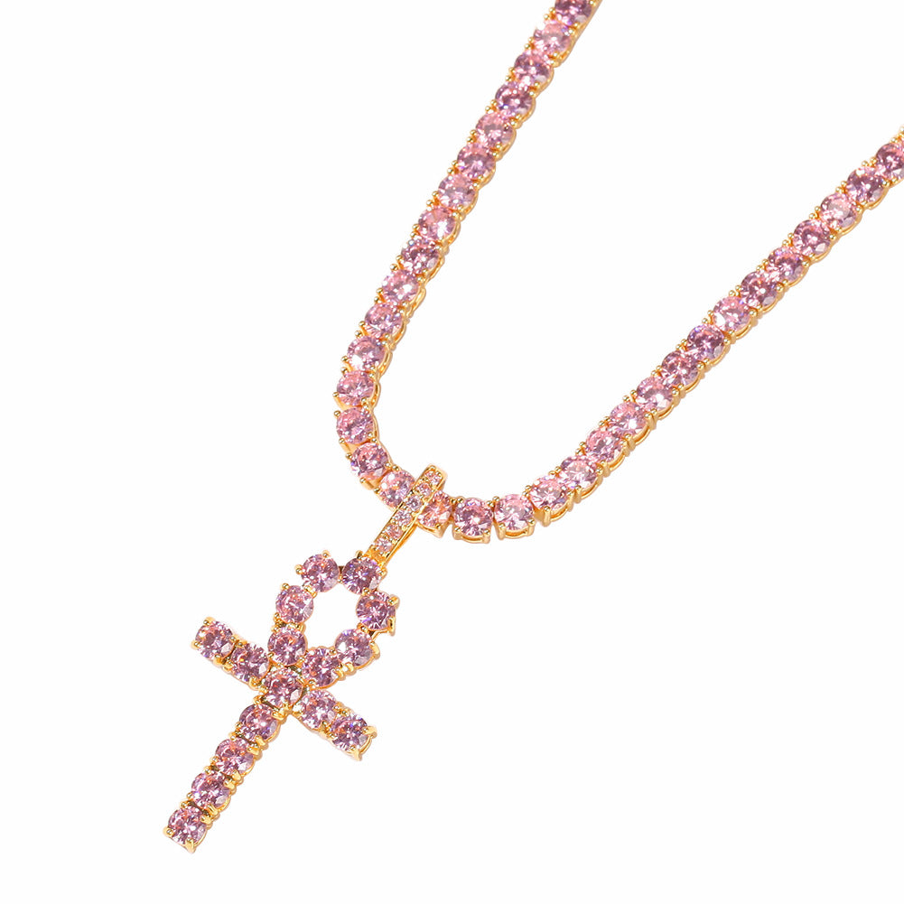 Vintage Pink Cubic Zirconia Cross Pendant Necklace for Women & Men – Gold Plated or Silver Plated Hip Hop Statement Chain