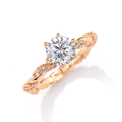 Round Cut Moissanite Ring for Women, 18K Gold-Plated Twist Band Engagement or Promise Ring, Size 9-20