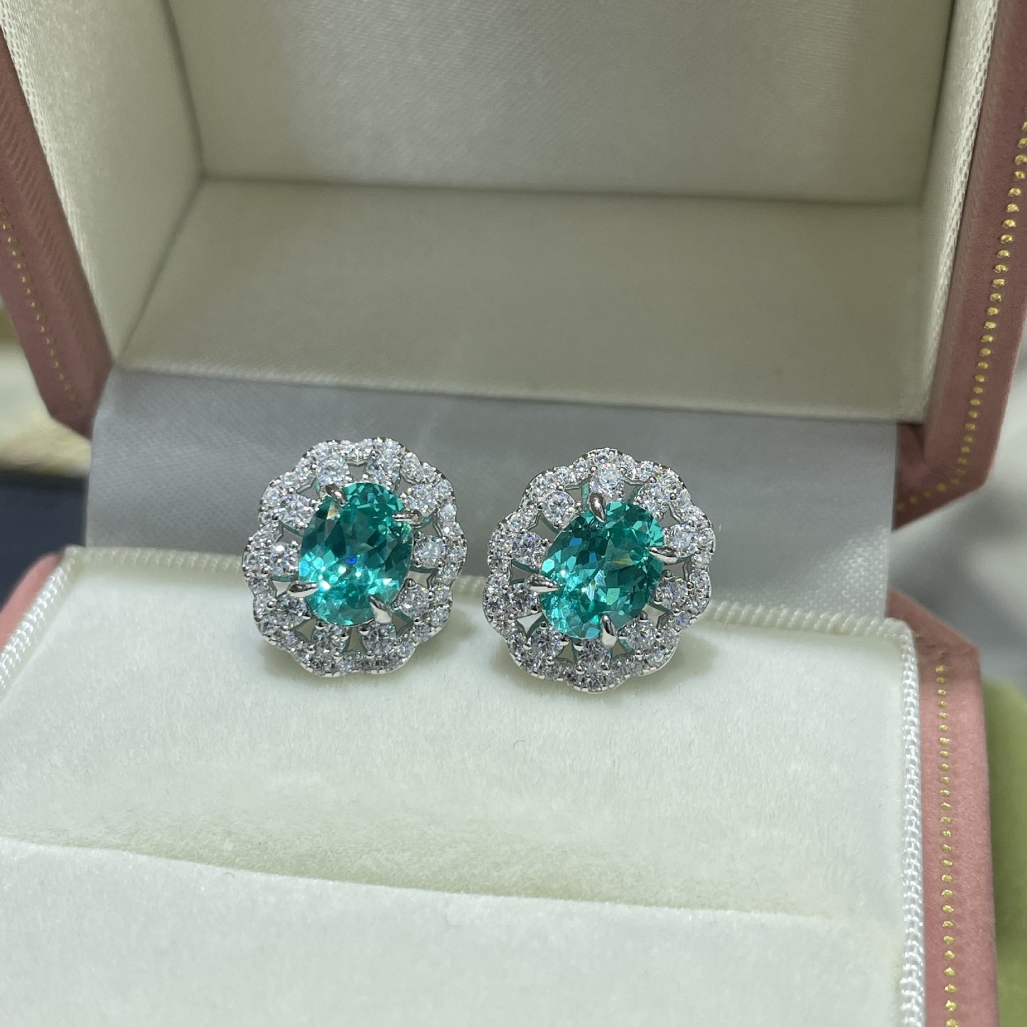 S925 Sterling Silver Flower Stud Earrings, Green Gemstone Floral Earrings product image