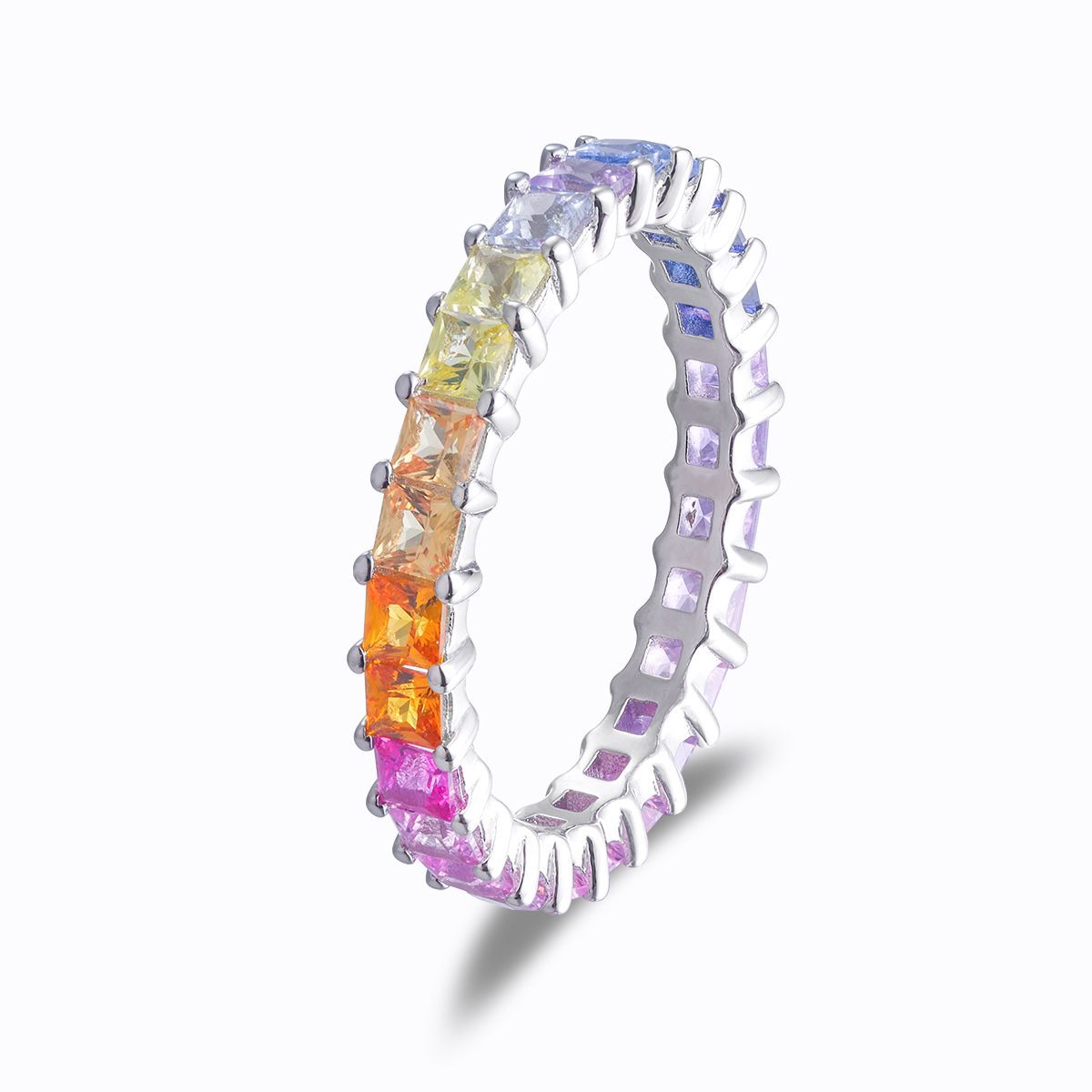Rainbow Eternity Ring, Princess Cut Full Circle Band, 925 Sterling Silver 18K Gold Plated product image