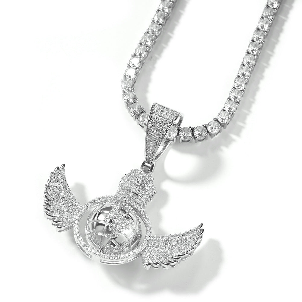 Iced Wing Globe Pendant Necklace with Cubic Zirconia Twisted Chain for Women and Men