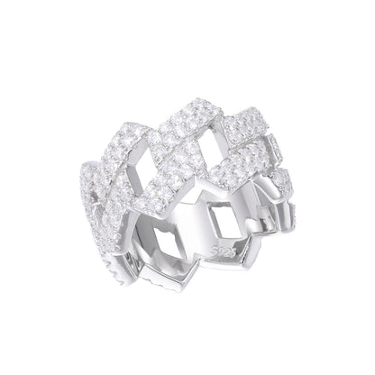 925 Silver Moissanite Geometric Link Ring - Iced Hip Hop Unisex Band