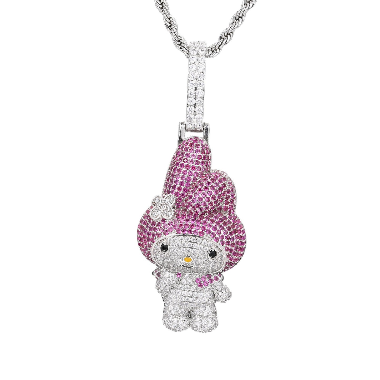 Iced Out Cartoon Character Pendant Necklace in White Tone with Pink Cubic Zirconia product image
