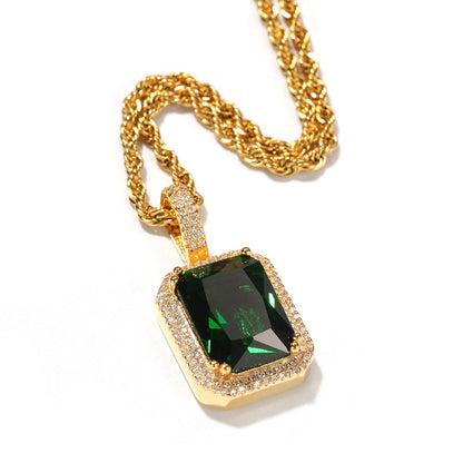 Iced Rectangular Gemstone Pendant Necklace for Women – Gold or Silver Plated Hip Hop Chain with Crystal Border