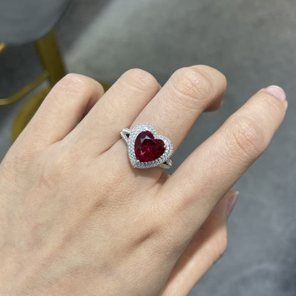 Heart-Shaped Red Gemstone Halo Ring, S925 Silver Promise Ring for Women