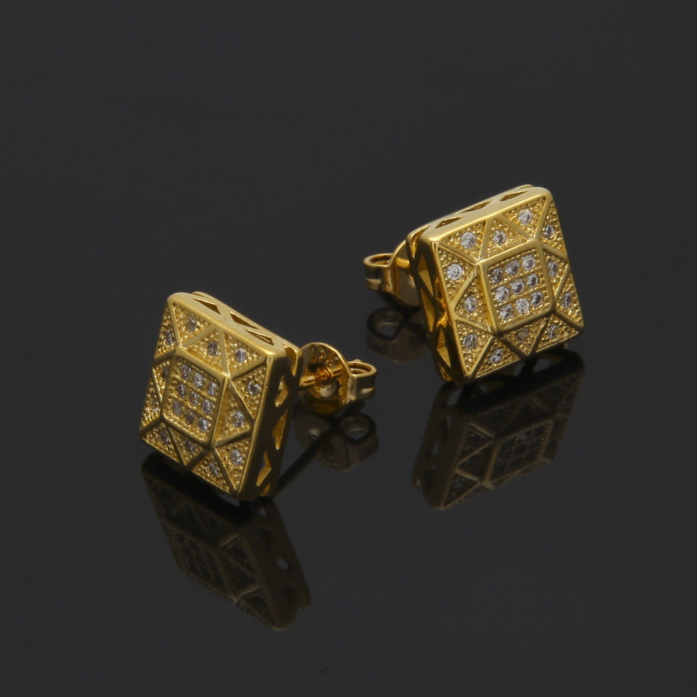 Men’s Square Stud Earrings in Gold & Silver Tone with Crystal Detail – Geometric Statement Earrings