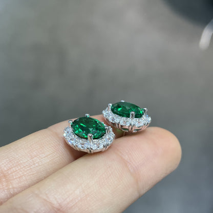 Oval Green Halo Stud Earrings for Women, Vintage-Inspired Green Gemstone Look