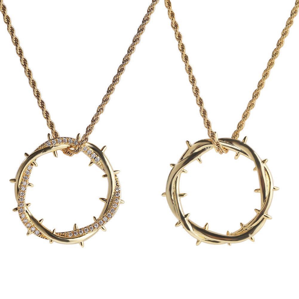 Crown Thorn Circle Pendant Necklace with Cubic Zirconia Rope Chain for Women