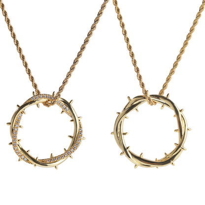 Crown Thorn Circle Pendant Necklace with Cubic Zirconia Rope Chain for Women