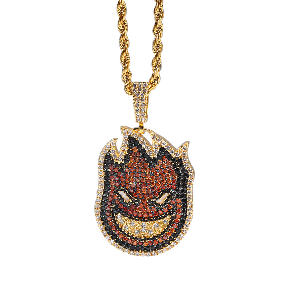 Gold Tone Stainless Steel Flame Face Pendant Necklace with Diamond-Look Crystal Detail