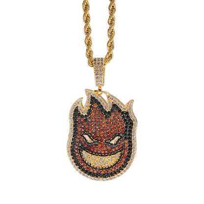 Gold Tone Stainless Steel Flame Face Pendant Necklace with crystal detail Detail