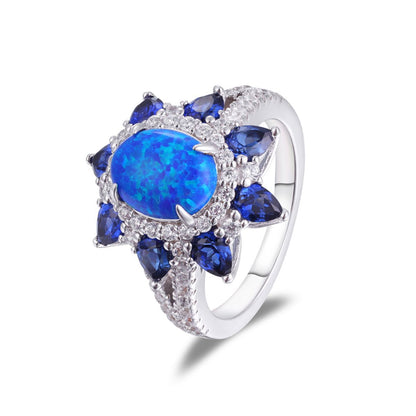 Blue Opal Halo Ring for Women, S925 Silver, 18K Gold Plated Sapphire Accent Ring