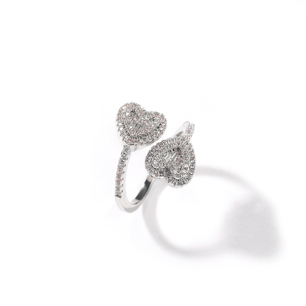 Unisex Double Heart Open Ring with Cubic Zirconia in Gold, Silver & Rose Gold product image