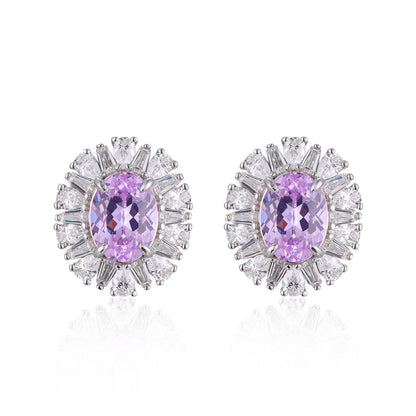 925 Silver Lab-Grown Purple Oval Halo Jewelry Set, Necklace Ring Stud Earrings
