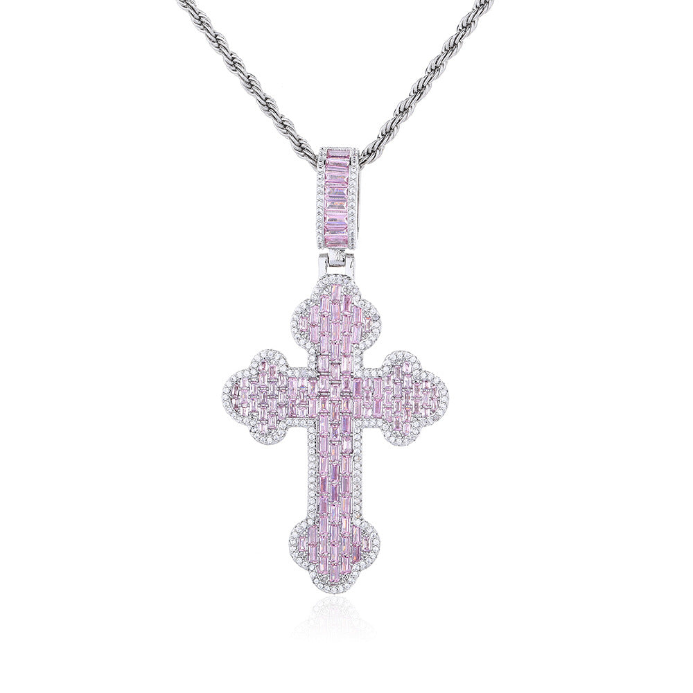Pink Zircon Cross Pendant Necklace, 3MM Twisted Rope Chain, 24 Inch, Geometric