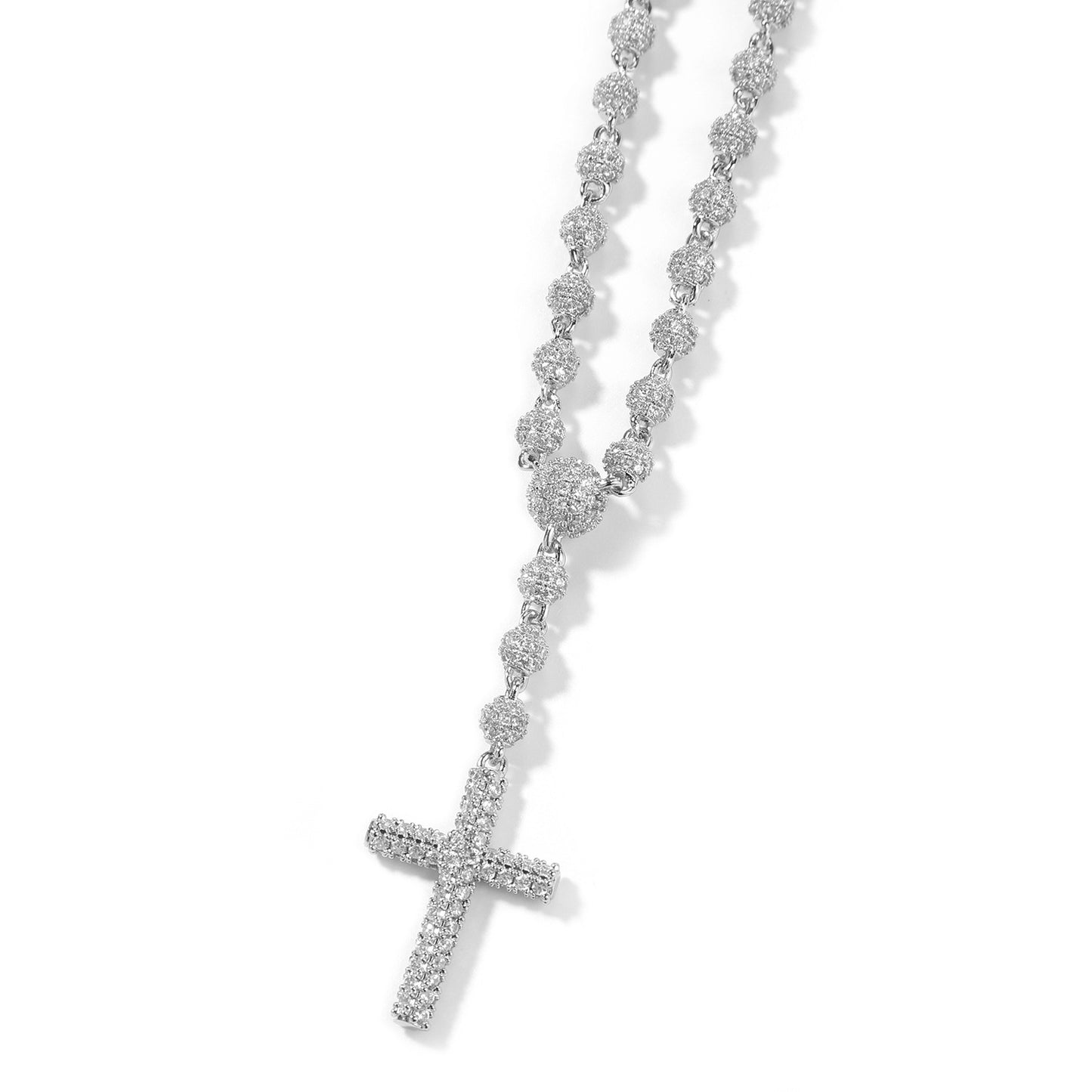 Iced Cross Pendant Necklace for Women – Gold or Silver Beaded Chain Statement Necklace 16in/18in