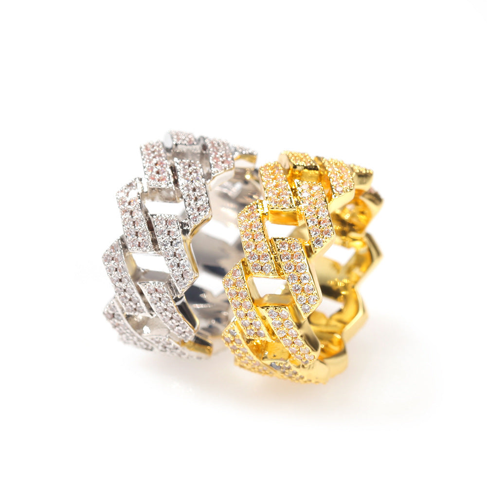 Iced Square Link Cuban Chain Ring with Cubic Zirconia for Women & Men - Gold or Silver Statement Ring