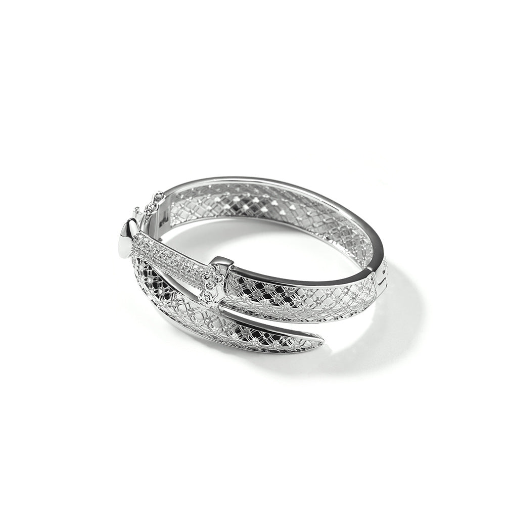 Unisex Silver Tone Cubic Zirconia Statement Ring - Trendy Openwork Line Band for Women & Men product image