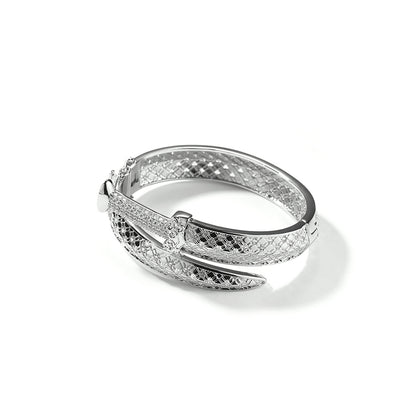 Unisex Silver Tone Cubic Zirconia Statement Ring - Trendy Openwork Line Band for Women & Men