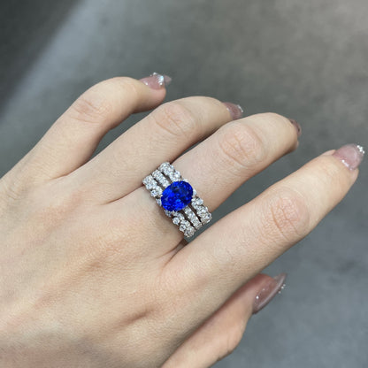 Lab-Grown Blue Spinel Oval Ring, S925 Silver with 18k Gold Plating, Sparkling Pavé Accent Ring