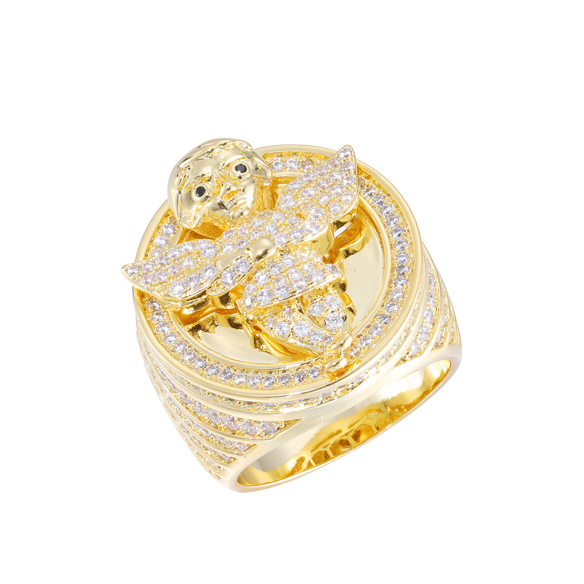 Angel Signet Ring for Men with Zircon Stone Pavé, Hip Hop Geometric Circle Ring, Gold Tone or White Tone, Sizes 7 8 9 10 product image