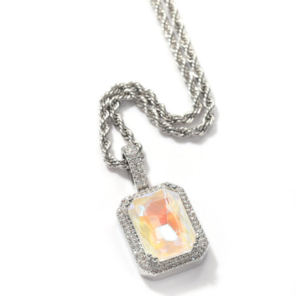 Men’s Rectangular Crystal Pendant Necklace with Cubic Zirconia Halo Stainless Steel Twist Chain
