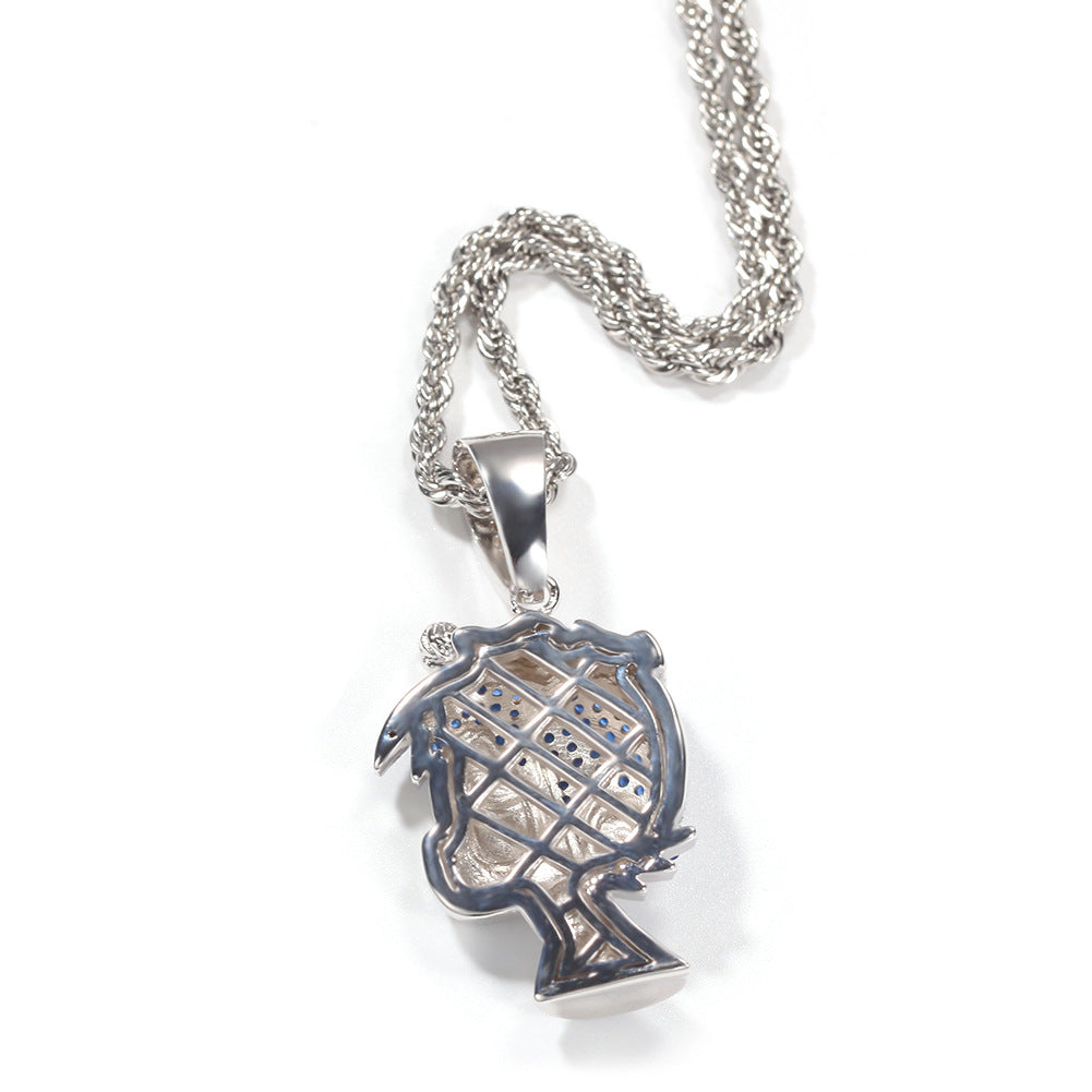 Iced Cartoon Head Pendant Necklace with Cuban or Rope Chain for Women & Men, Gold or Silver Tone Cubic Zirconia Statement Chain