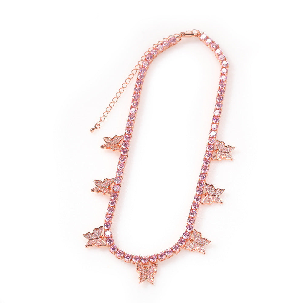 Butterfly Cubic Zirconia Tennis Chain Necklace for Women & Men – Silver, Pink or Gold Plated Statement Pendant Necklace