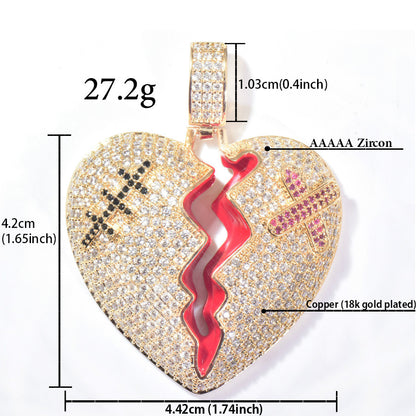 Iced Out Broken Heart Pendant Necklace Unisex Hip Hop Statement Chain