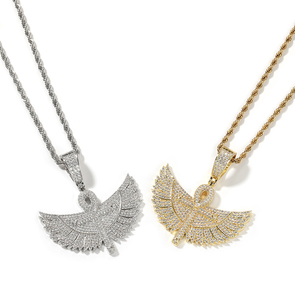 Iced Wing Cross Pendant Necklace with Cubic Zirconia Twist Chain for Women and Men