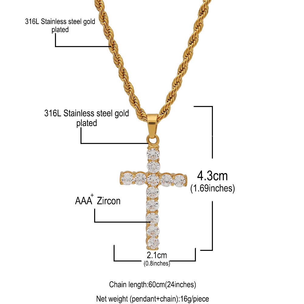 Iced Cross Pendant Necklace for Women & Men - Stainless Steel Rope Chain, Gold Plated or Silver Plated Statement Chain Jewelry