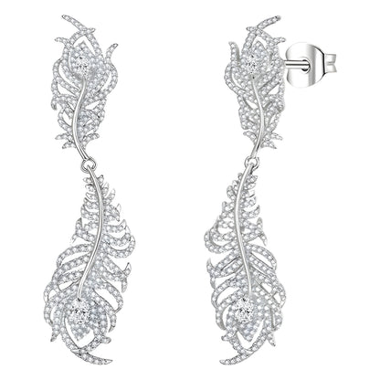 Feather Moissanite Drop Earrings for Women, S925 Silver 18K Gold Plated Ear Studs