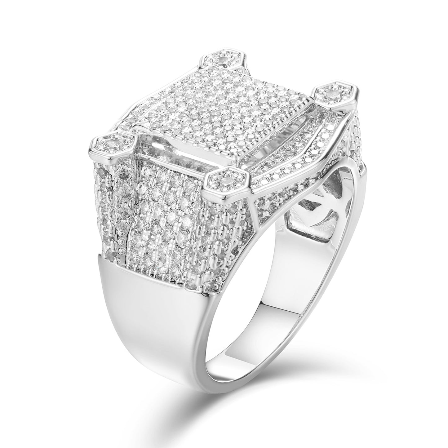 Unisex Iced Out Geometric Square Ring with Cubic Zirconia in White Gold Tone product image