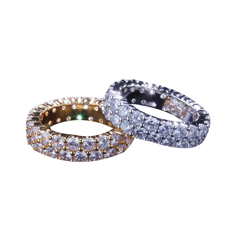 Unisex Double Row Cubic Zirconia Statement Ring – Round Cut Gold & Silver Hip Hop Style Band