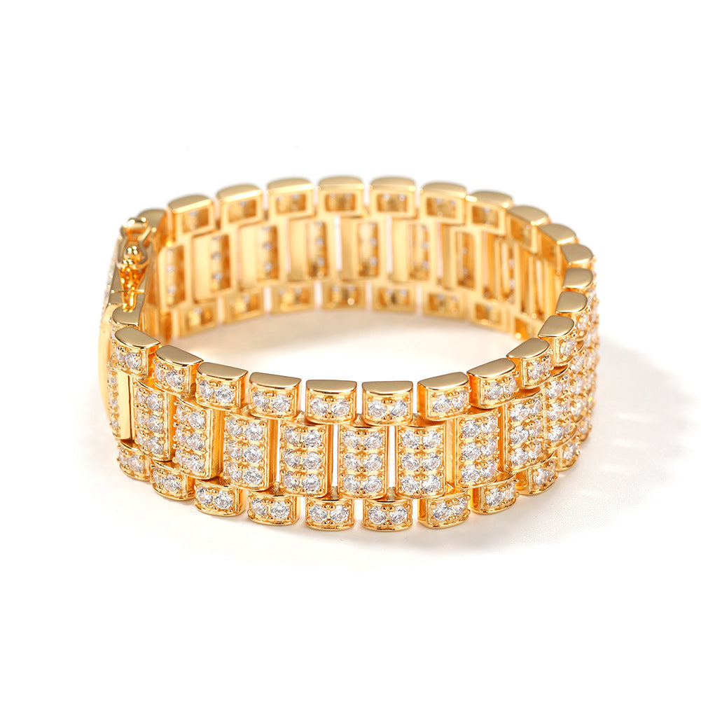 Unisex Iced Out Cubic Zirconia Link Bracelet in Gold Tone or Silver Tone – Hip Hop Statement Chain Bracelet