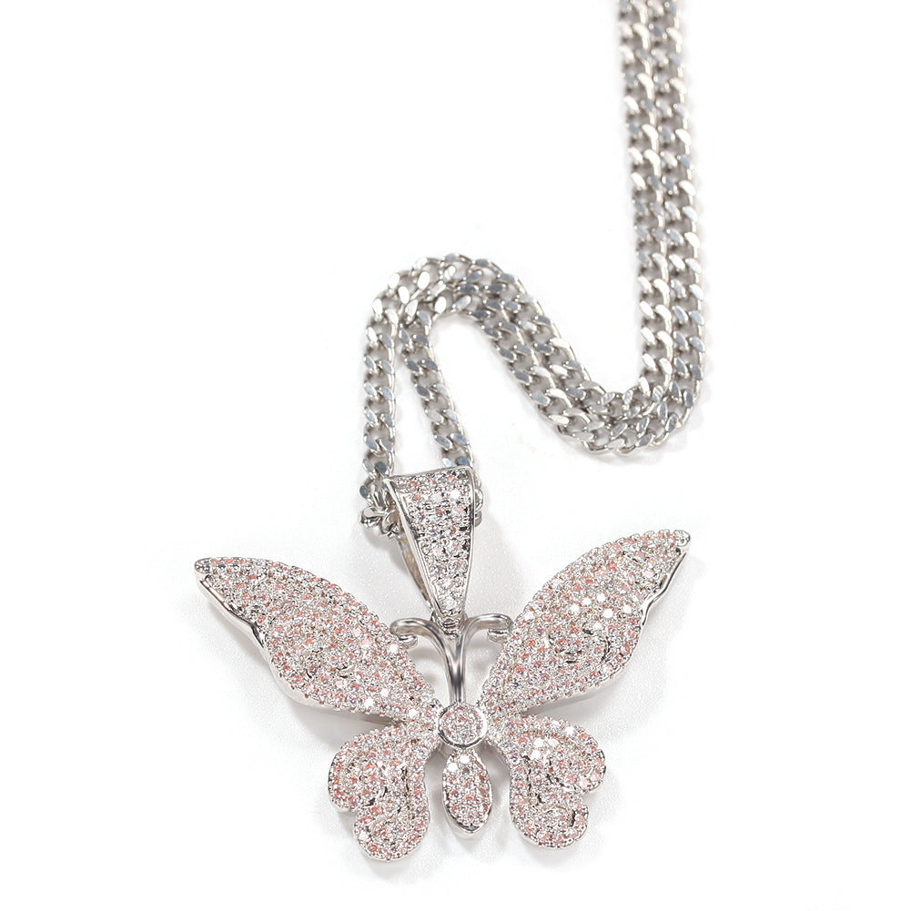 Iced Butterfly Pendant Necklace with Cuban or Rope Chain - Cubic Zirconia Statement Chain for Women and Men