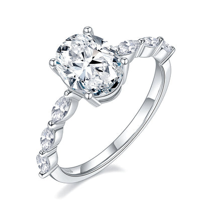 Oval Moissanite Ring for Women, Four-Prong Solitaire Ring with Marquise-Style Side Stones